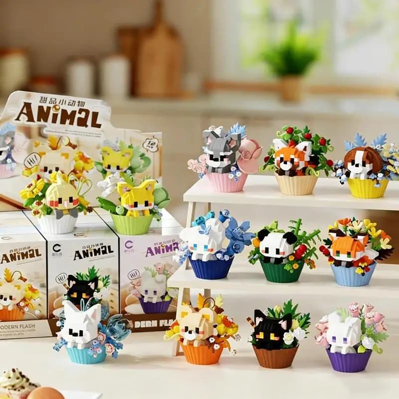 Cute Animal Building Block Toys Mini Potted Bouquet 3D Cartoon Doll Ornament Educational Kids Gift Desk Decoration