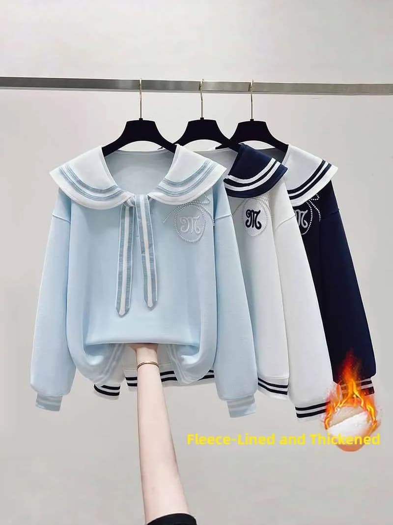 Felpa con Cappuccio in Pile Spesso, Collo Blu Navy, Stile Dolce, Uniforme Scolastica, in Fibra di Poliestere, Manica Lunga