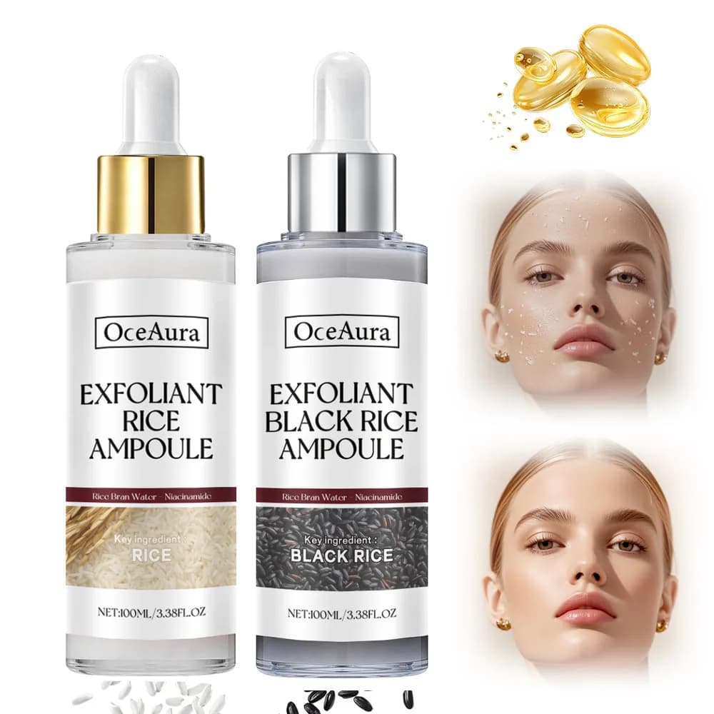 Essenza esfoliante di riso in bianco e nero Rimozione della pelle morta Schiarente per il viso Incandescente Rifornimento Ridurre i pori Siero schiarente all'acido ialuronico