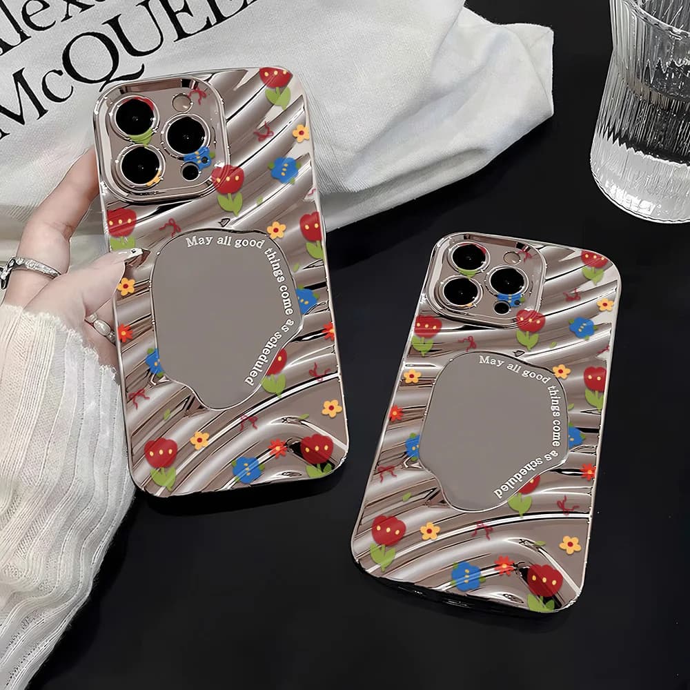 Silver Pattern Mirror Phone Case for Apple iPhone 17 16 15 14 13 12 11 Pro Max Air Cases Colorful Tulip Pattern Vitality Girly