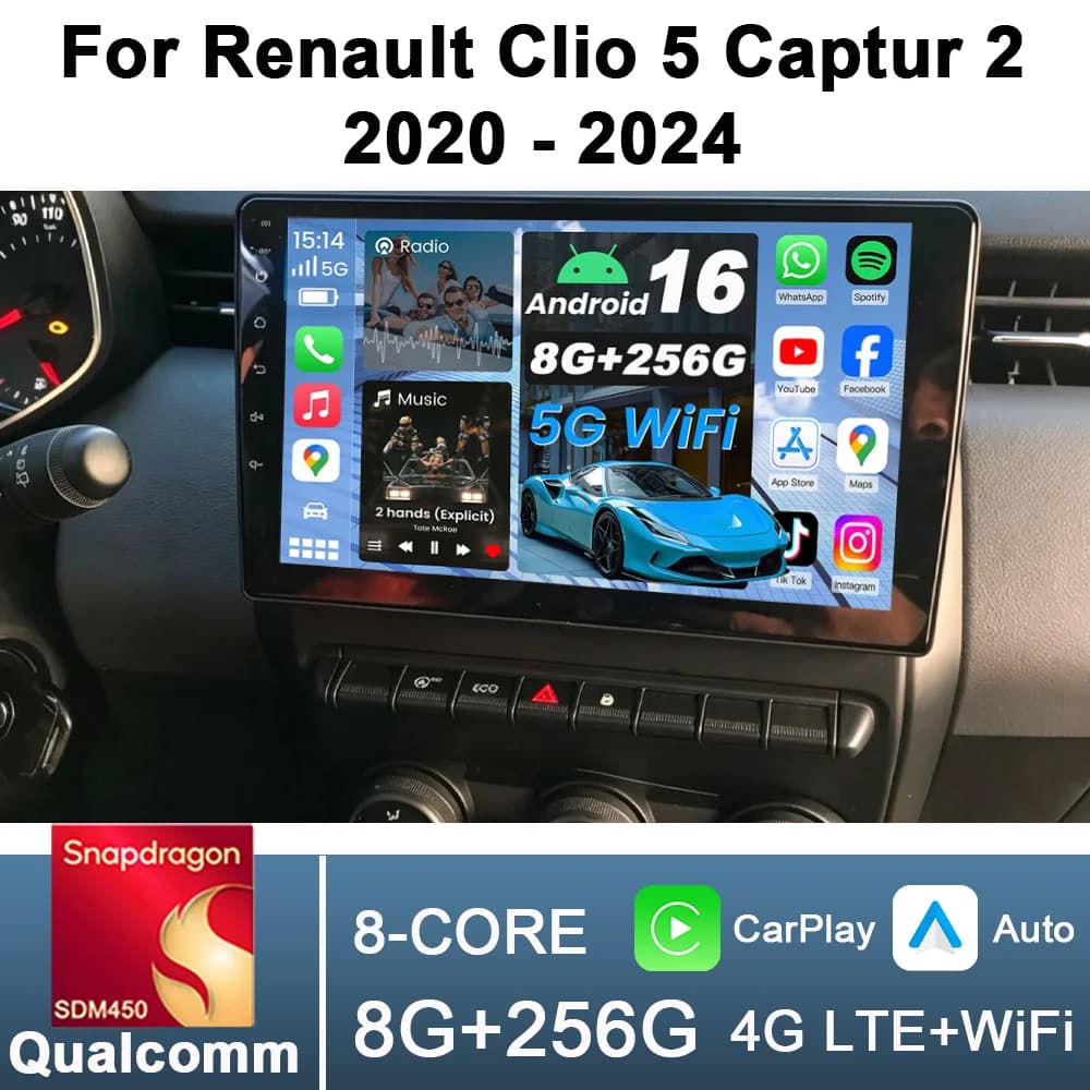2Din 9inch CarPlay Android Auto Car Radio for Renault Clio 5 Captur 2 2020 - 2024 Multimedia Navigation GPS RDS Qualcomm 8 Core
