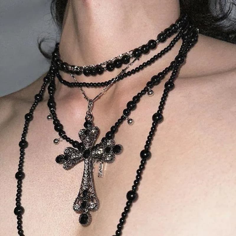 Blackstone Retro Necklace, Dark Heavy Industry Punk Style Multi-Layer Design, High-End Cross Neck Jewelry