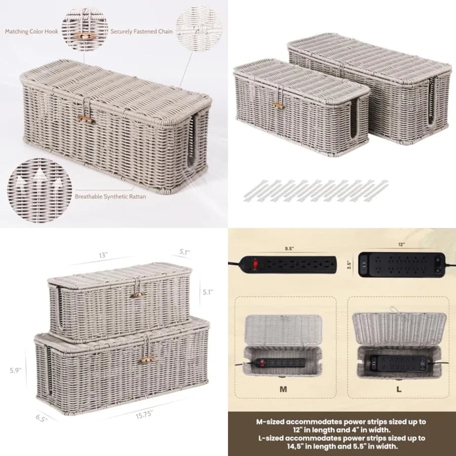Cofanetto porta cavi in rattan, organizer per cavi da scrivania, copricavi di sicurezza per bambini per prese multiple, TV, PC, router, caricabatterie