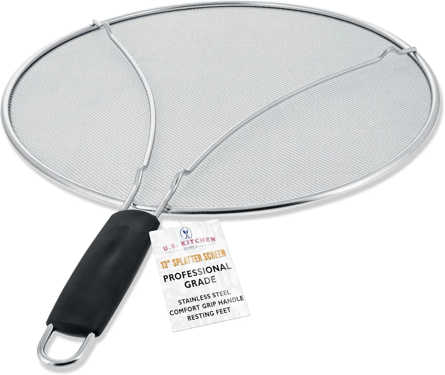 Paraspruzzi in Acciaio Inox a Maglia Fine da 13 Pollici per Padella, Schermo Antispruzzo per Grasso e Olio con Piedini di Supporto e Impugnatura Ergonomica