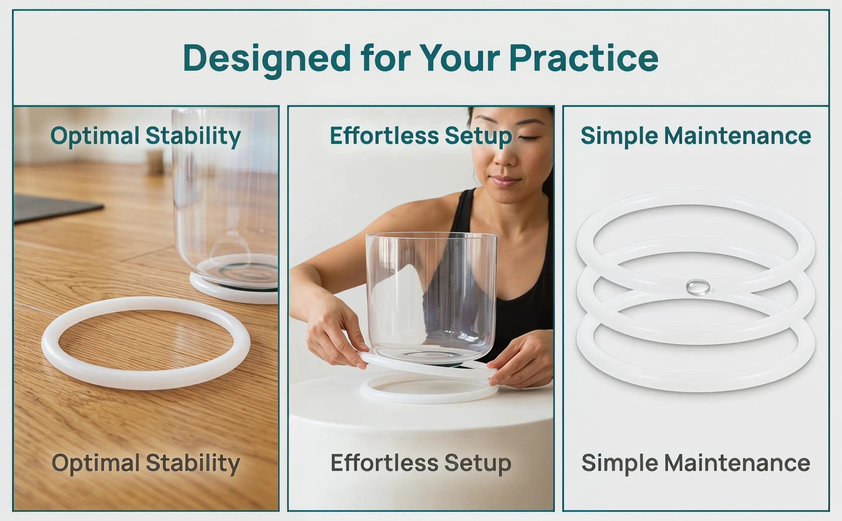 3Pcs Crystal Singing Bowl Rubber Ring Set Flexible Resilient Material Elegant Design Adds Style to Music Therapy Yoga Sound Bath