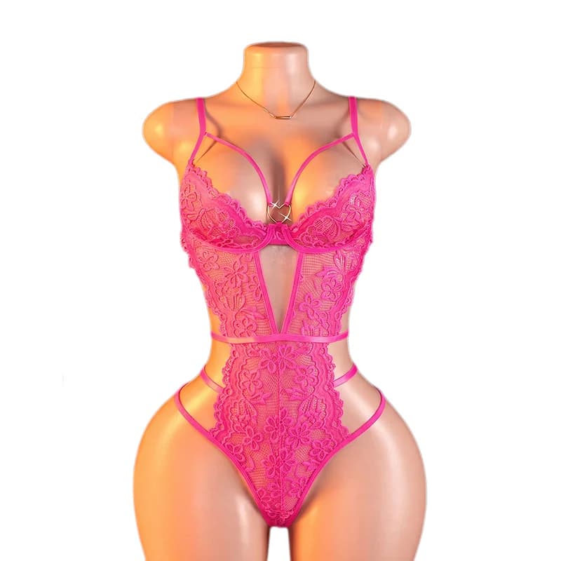 One-piece Hollow Transparent Lace Sexy Lingerie Erotic Crotchless Bodysuit
