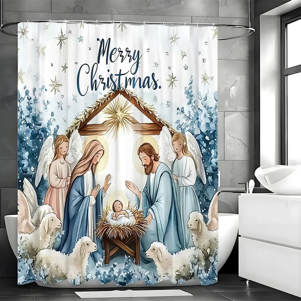 Tenda da doccia per presepe di buon Natale, tenda da doccia decorativa per bagno, tenda da doccia impermeabile con ganci