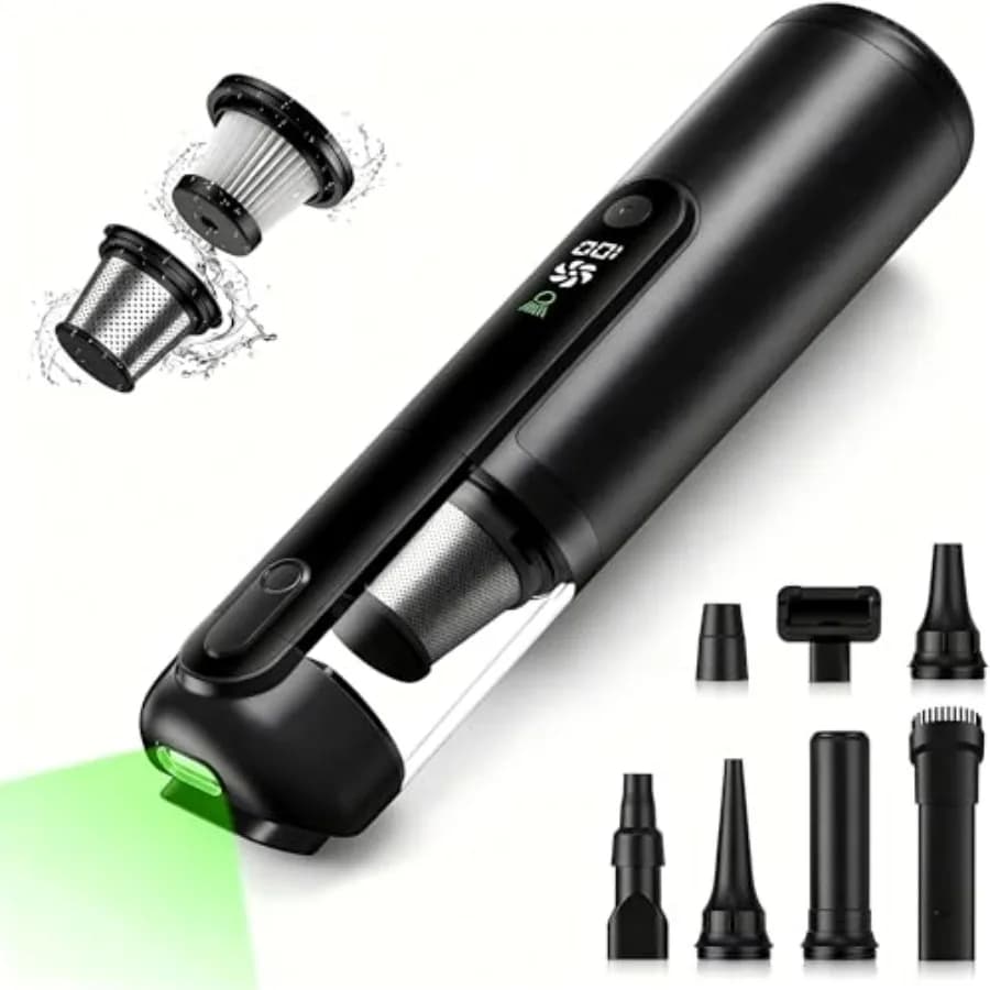 Aspirapolvere Portatile Senza Fili 19000Pa 4-in-1 con Luce LED Verde, Filtro Ricaricabile e Lavabile per Auto e Casa