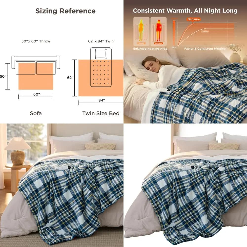 Coperta elettrica in flanella scozzese doppia con 6 livelli di calore, 10 opzioni timer, spegnimento automatico 8 ore, regalo ideale per la nonna (blu, 62