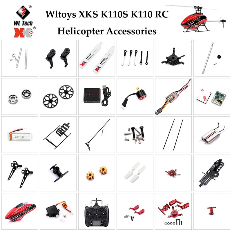 Wltoys XK K110S RC Lame per elicotteri Ingranaggio Coda in metallo Motore Rotore Testa Baldacchino ESC Ricevitore Bordo Servo Albero principale Viti Parti