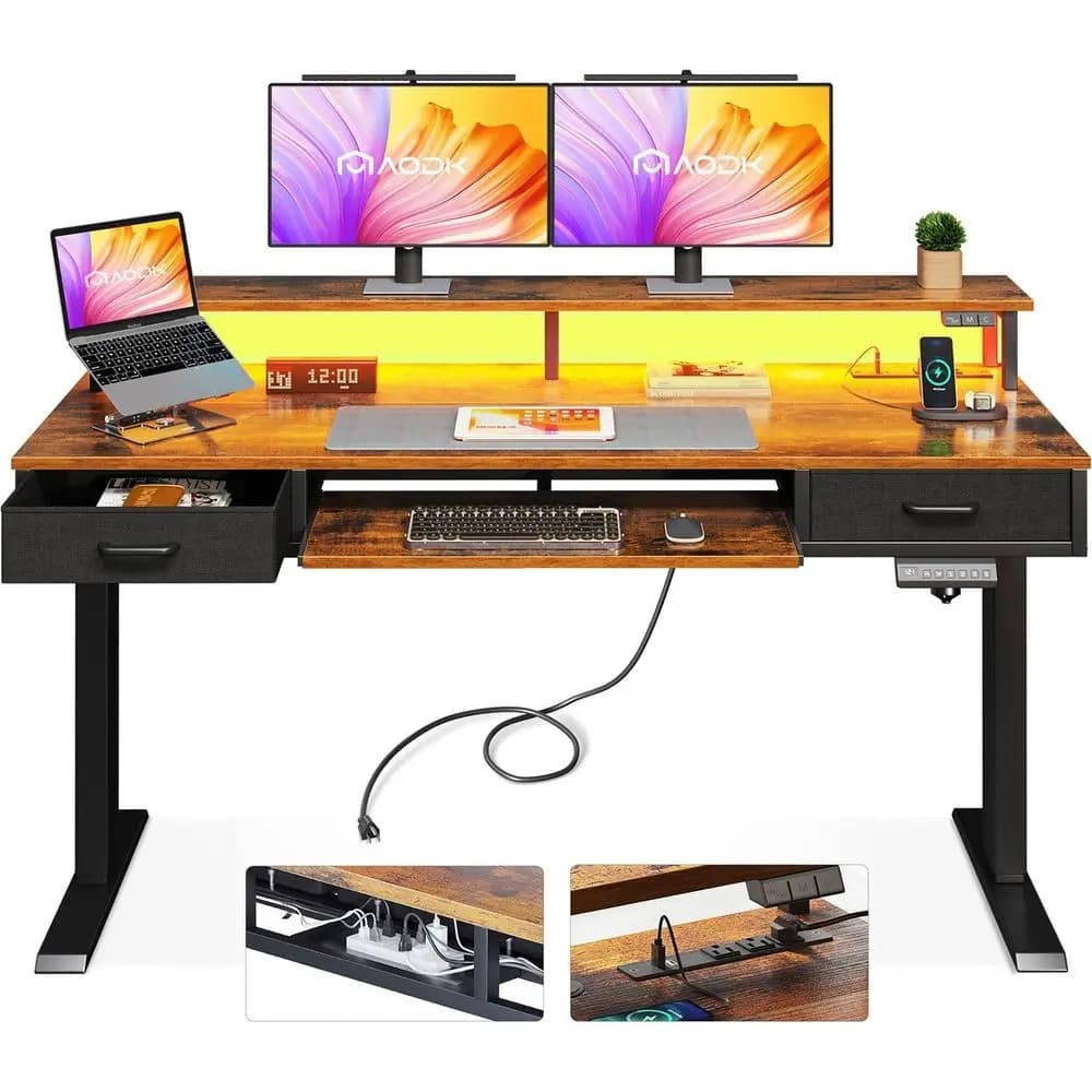 55 inch electric desk with drawers, keyboard tray, power sockets, LED lights and home monitor support and