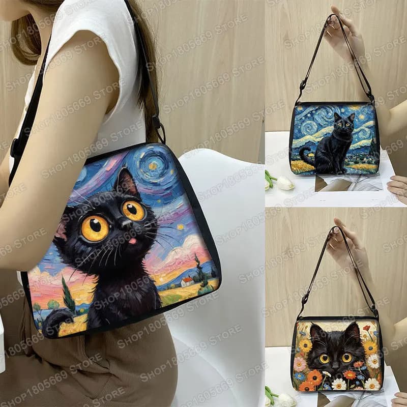 Borse a tracolla con gatto nero Van Gogh dipinto a olio La notte stellata Borse portatili da donna Borsa a tracolla Porta telefono Borsa a tracolla