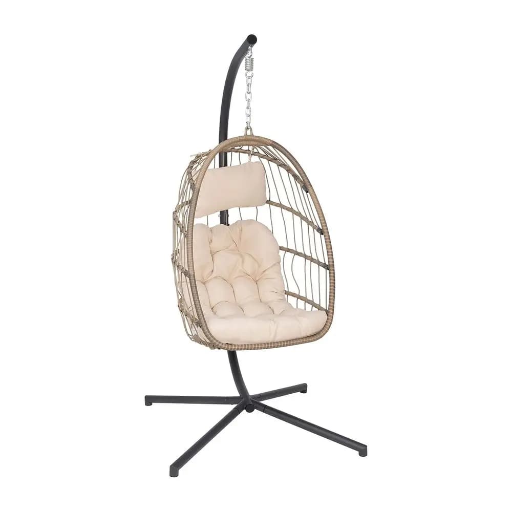 Sedia a dondolo sospesa Cleo per interni ed esterni, con struttura naturale e cuscini color crema, supporto nero verniciato a polvere stile C