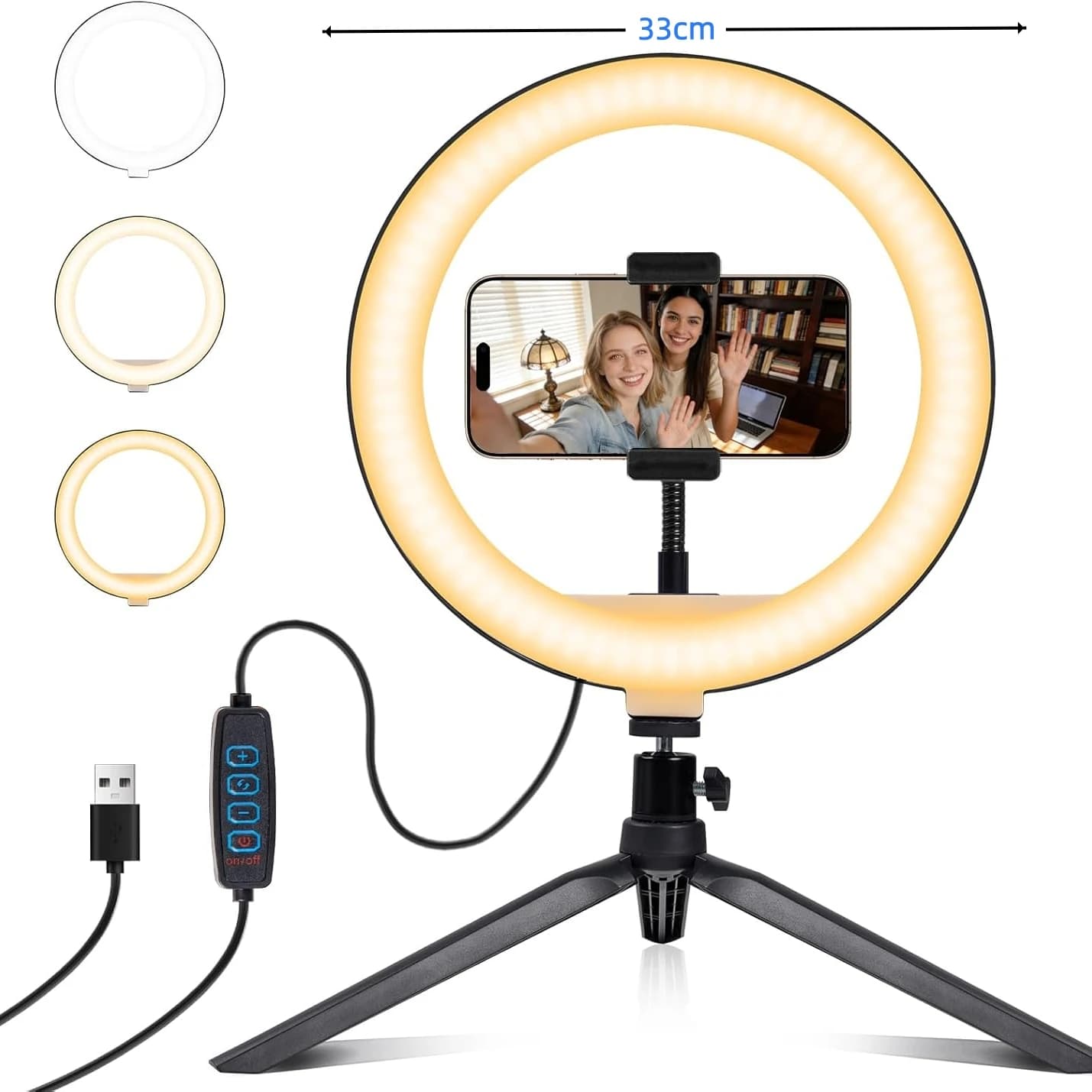 Lampada ad anello da 33 cm (13 pollici) con treppiede per smartphone, luce LED rotonda per video e illuminazione fotografica.