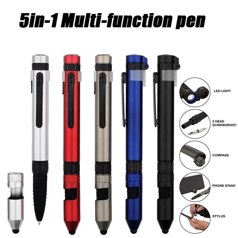 5-In-1 Portable Multi Function Pen Ballpoint Pen LED Light Flashlight Pen Compass Compact Screwdriver Pen Outdoor Survival