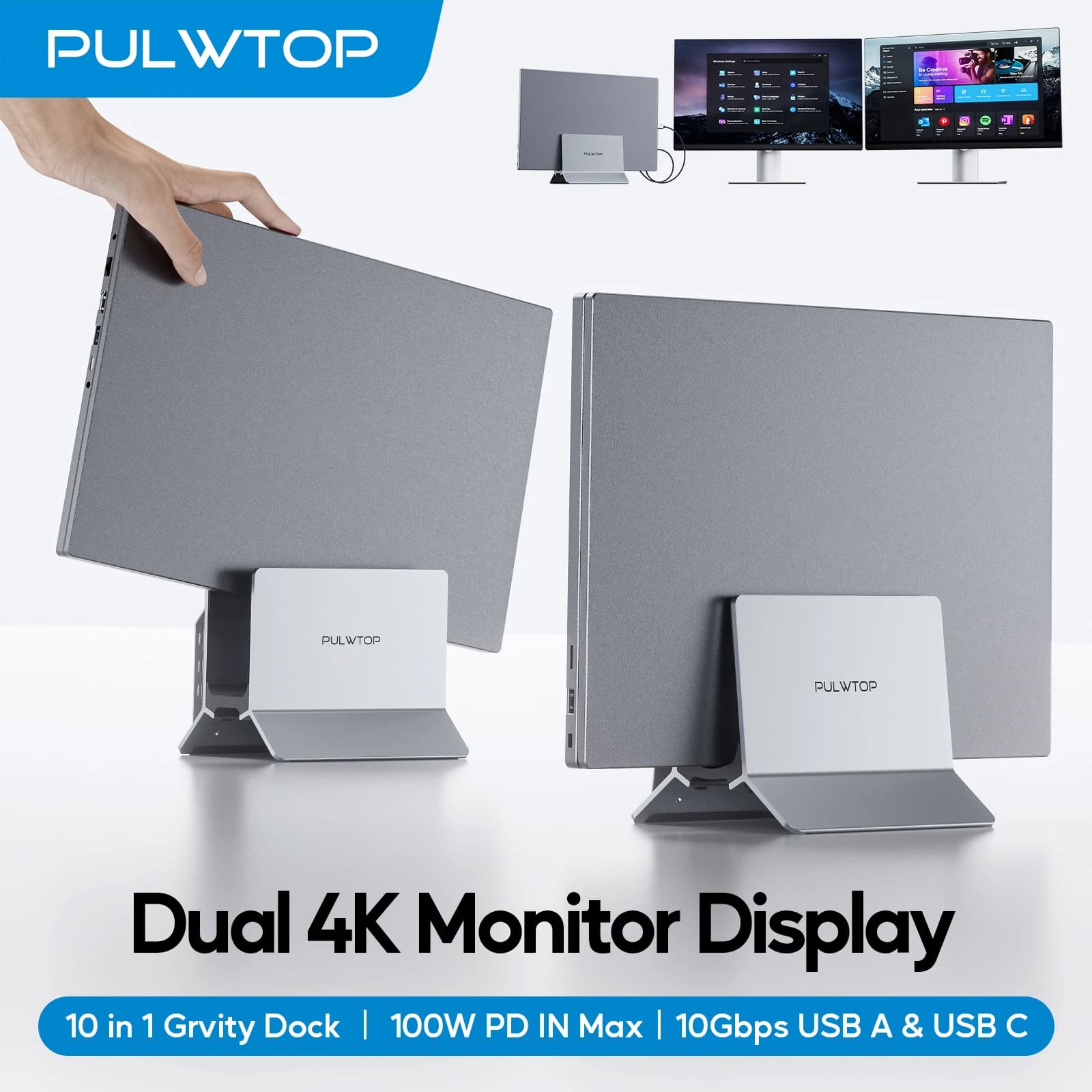 PULWTOP Supporto dock USB C verticale 11 IN 1 con 2 HDMI 4K 60 Hz, USB A/C 10 Gbps, USBA 5 Gbps, Ethernet, PD, per laptop di tipo C
