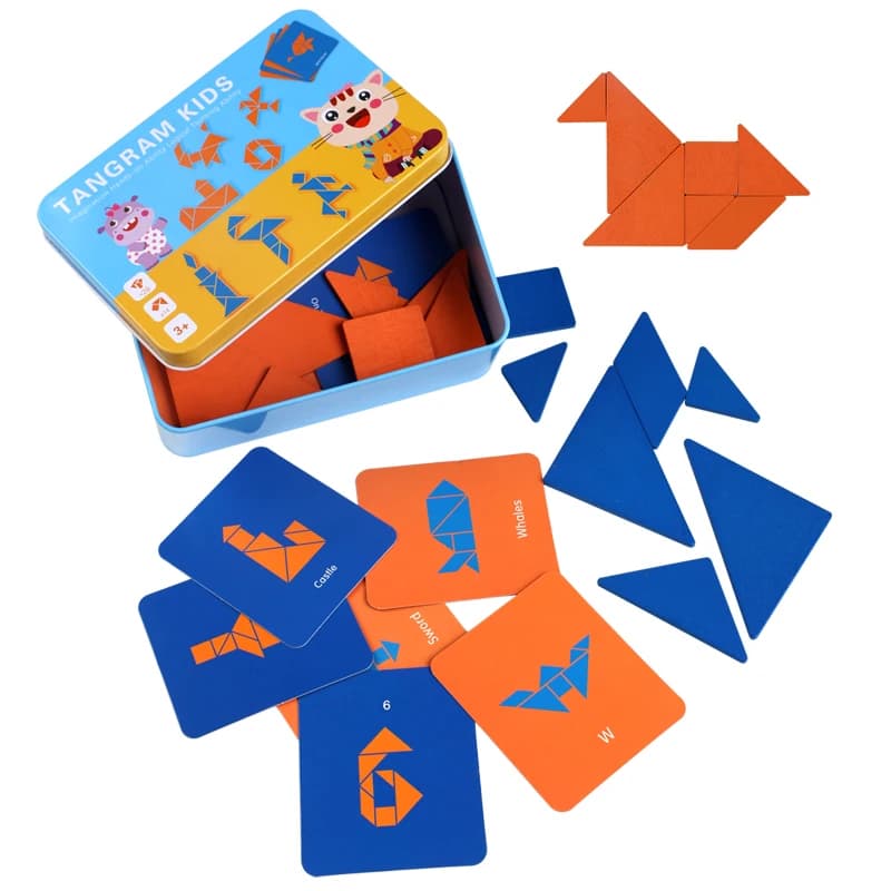 Set di puzzle Tangram in legno per bambini Set di scatole di ferro colorate Scheda di bordo Educazione precoce Intelligenza Numero Lettera Giocattoli