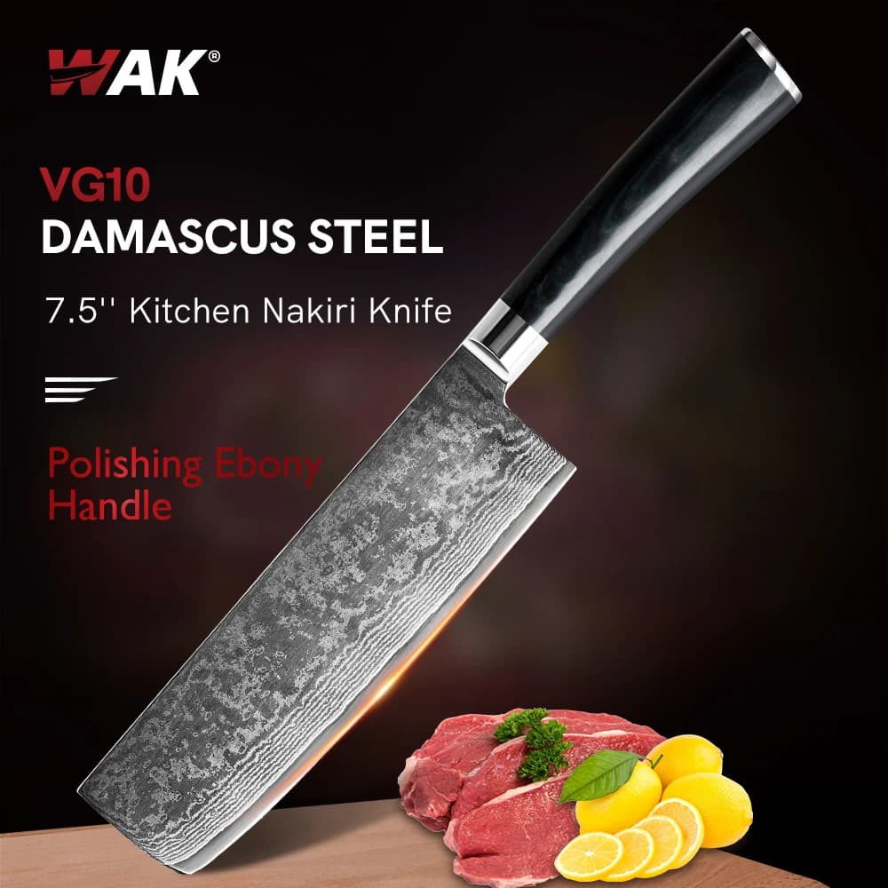 WAK Professional 7.5 ''VG10 Steel Kitchen Nakiri Knife sharp Kitchen Chef Knife verdura frutta coltello manico in ebano coltelli