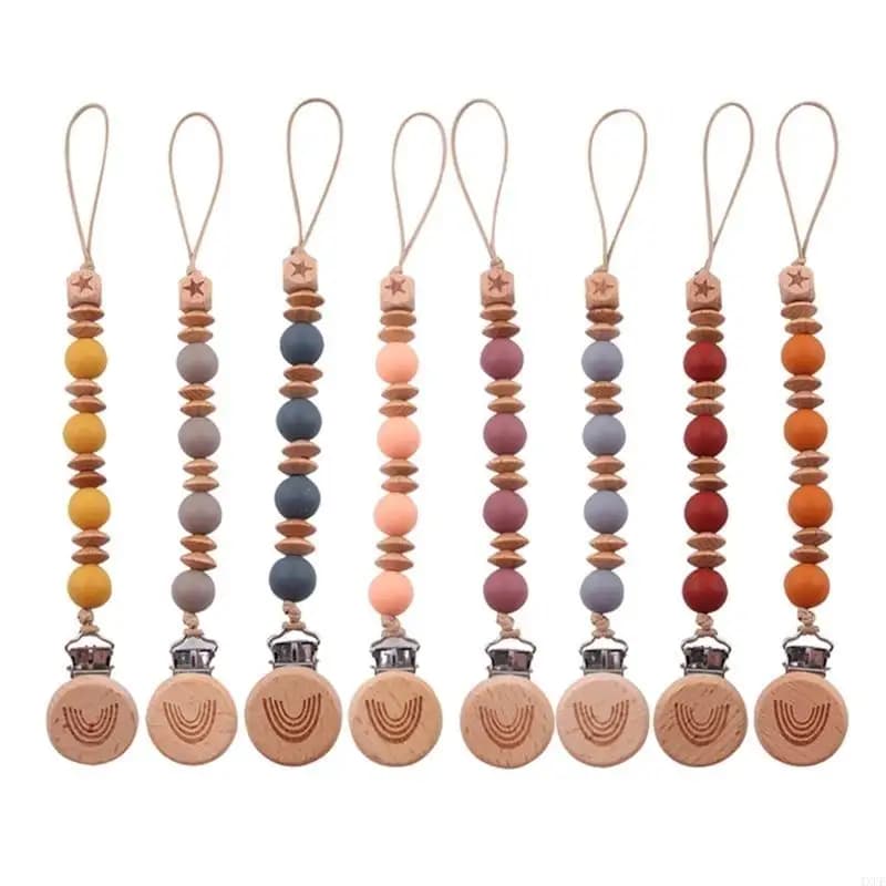 Clip per ciuccio per bambini Perline in legno silicone Clip per massaggiagengive Catena per ciuccio Porta ciuccio per bambini