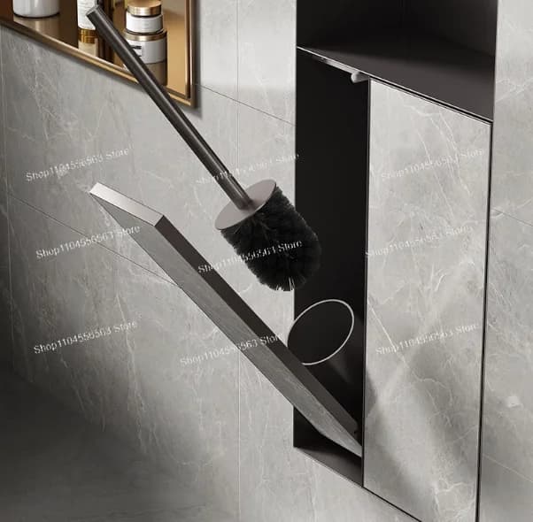 Scopino per WC in acciaio inox da incasso nel bagno, con spazzola in silicone integrata nel muro, modello a scomparsa.
