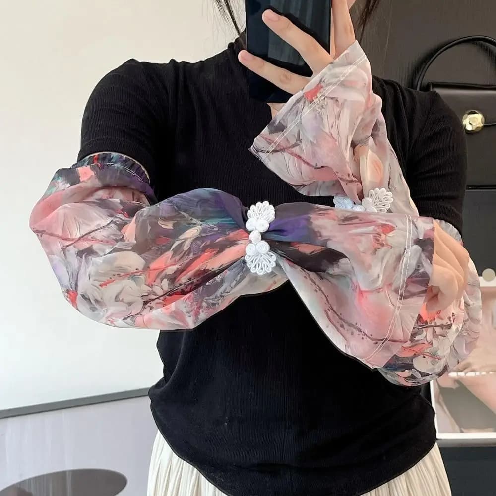 Maniche in Seta Ghiaccio Stile Cinese con Fibbia Stampata, Anti-UV, in Chiffon Floreale, Protezione Solare, Guanto Lungo Anti-UV