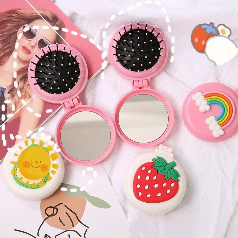 Kawaii cute animal fruit portable comb for girls with mirror Princess Air cushion Massage Hair Brush for Kids stuff makeup