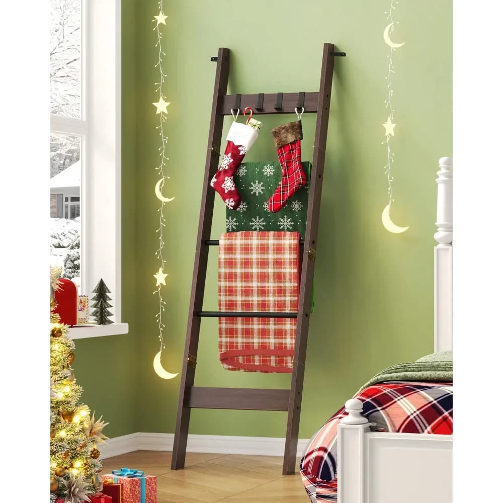 Scaffale a Scala Decorativo in Legno per Soggiorno, Porta Coperte con 4 Ganci Rimovibili, Organizzatore a 5 Livelli Stile Rustico
