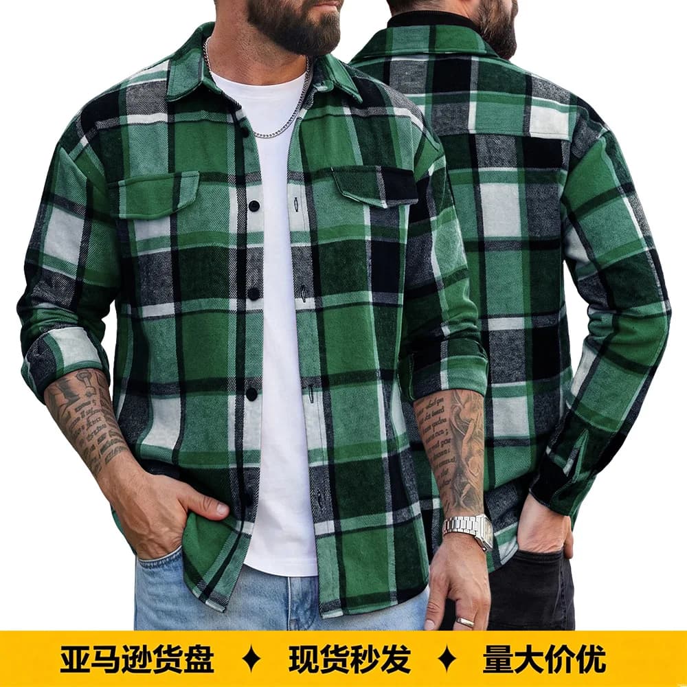 Spring and Autumn Men's Lapel Checked Cardigan Pocket Casual Long Sleeve Jacket Large Size Shirt