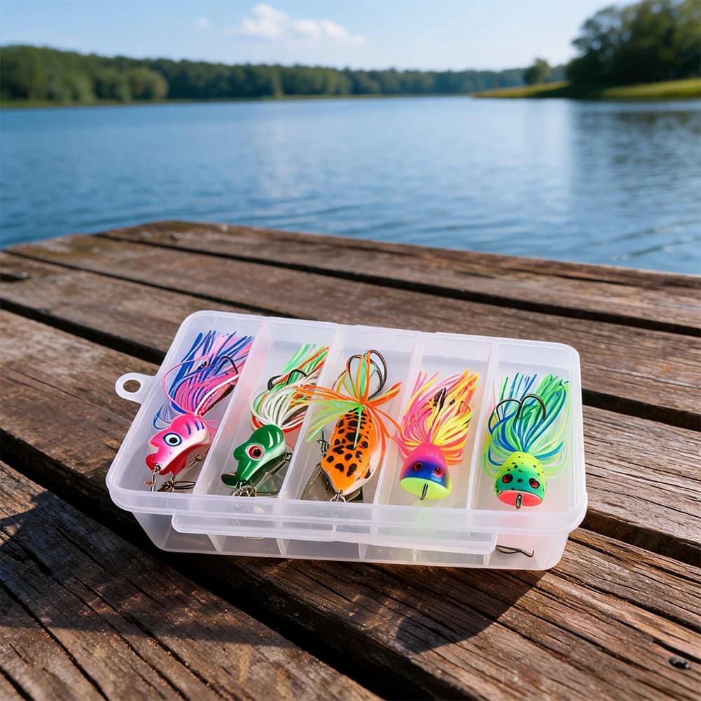 Set da 5 esche artificiali a forma di rana con scatola, 10/9/8.2cm, esche finte a rana modificata, per la pesca di persici e lucci