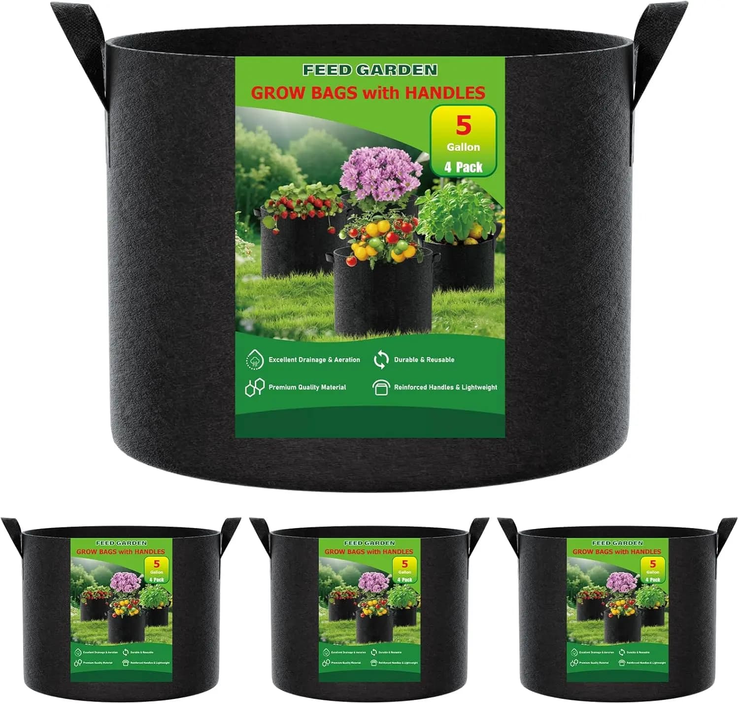 Sacchi per Coltivazione da 5 Galloni, Confezione da 4 – Vasi in Tessuto Spesso 300G con Manici, Traspiranti per Verdure, Fiori ed Erbe, per Interni ed Esterni