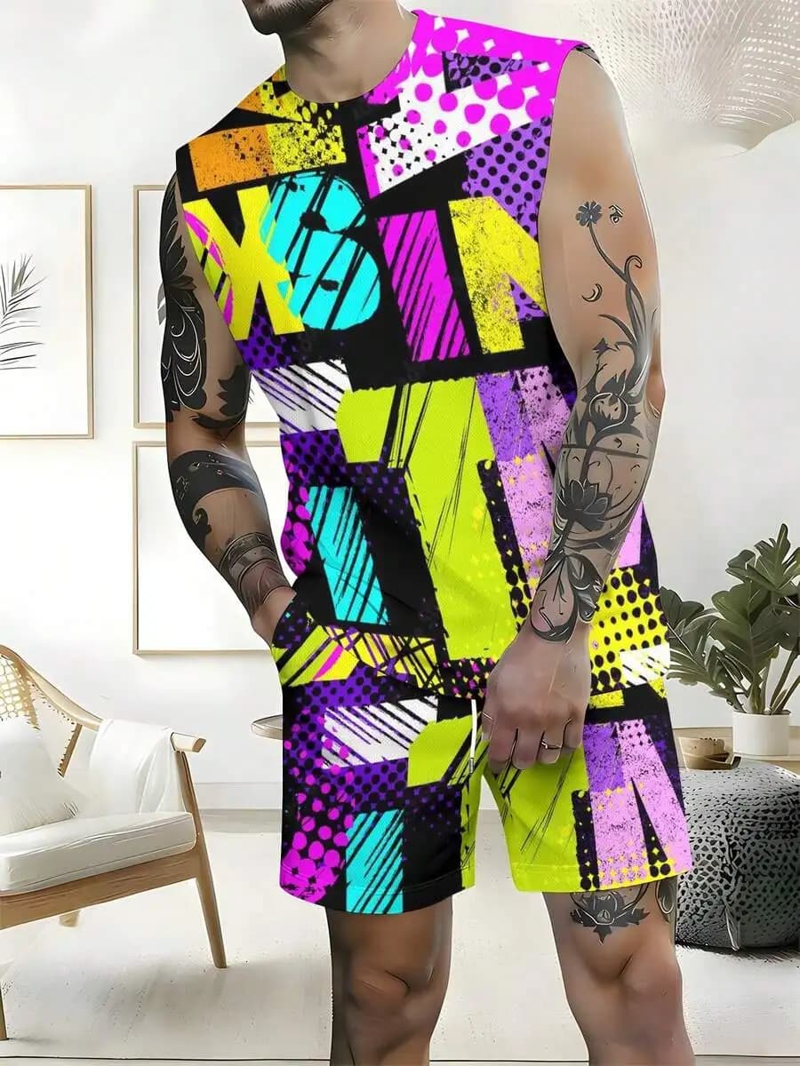 Colorful Abstract Pattern 2026 European & American Spring Summer Autumn New Style Wide Shoulder Tank Top & Beach Shorts Set Men