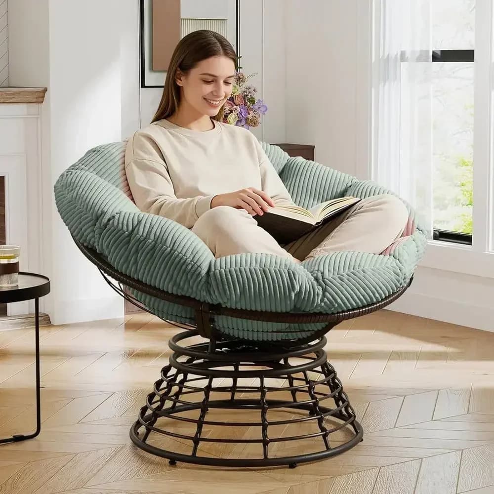 Papasan Chair with Cushion and e, 360° Swivel Wicker Accent Chair, Comy Corduroy Upholstered Round ern Oversized Reading Lounger