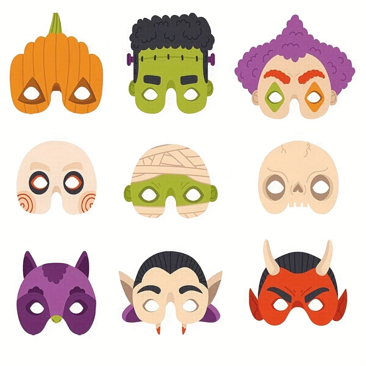 Set di 9 Maschere Horror Mezze Facce Fatte a Mano in Carta, Accessori per Trucco per Feste di Halloween, Decorazioni per Balli, Accessorio Unico per Costumi