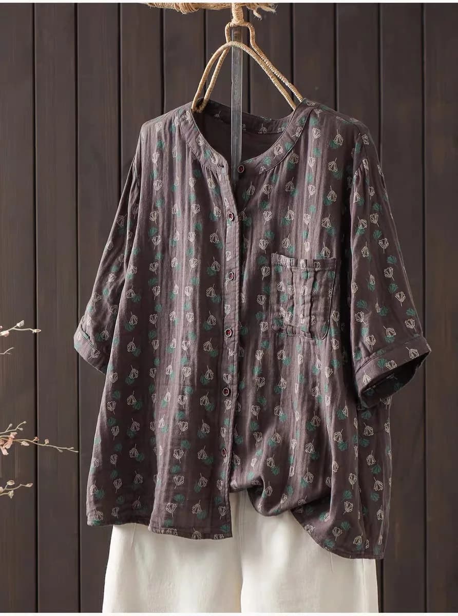 Vintage Leaves Pattern Cotton Yarn Shirts for Women Summer Japanese Style Green Coffee Gray Orange Printed Blouses