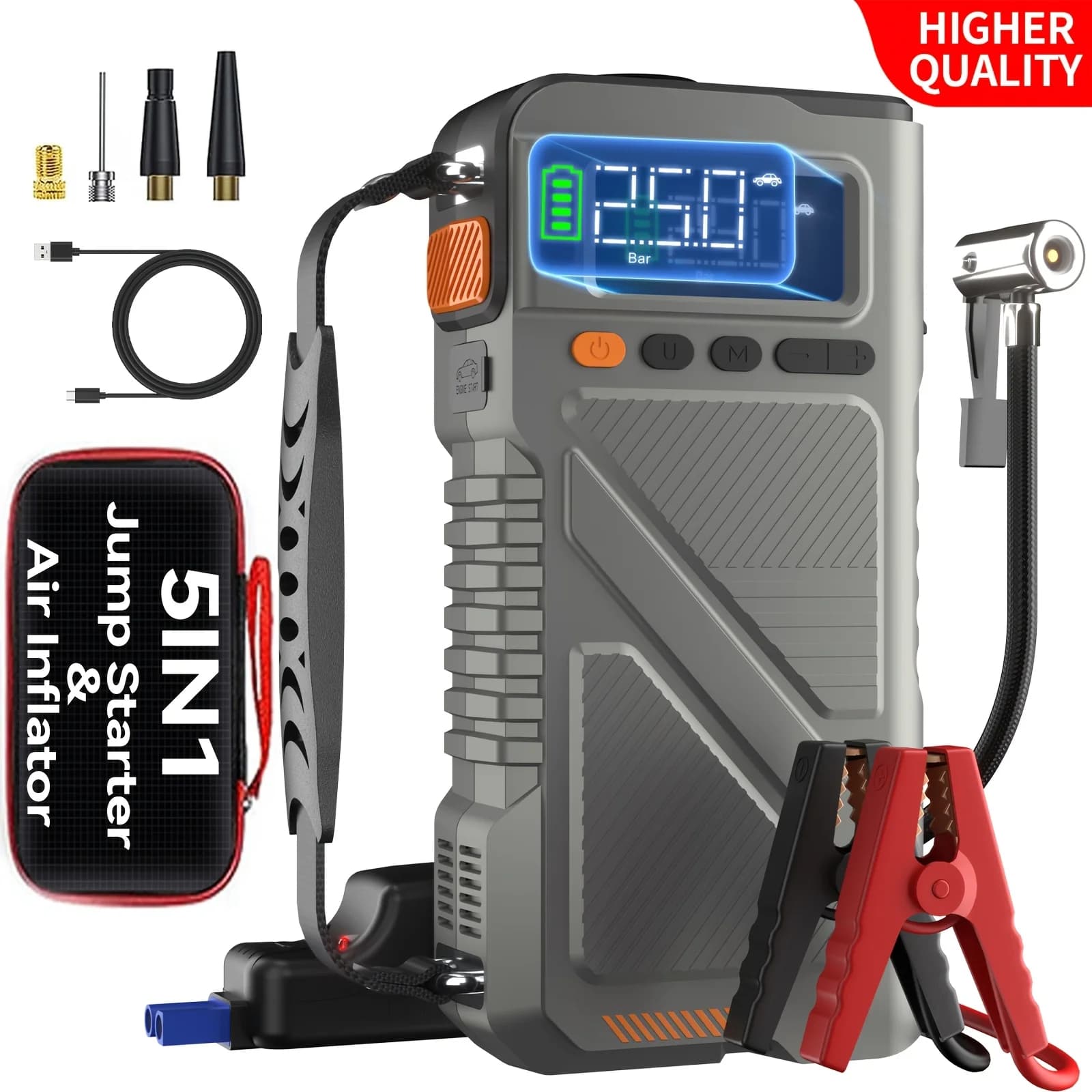 Avviatore di Emergenza 7000A con Compressore d'Aria, Avviatore Portatile per Auto (per tutti i motori a benzina/diesel da 3,17 galloni), Combinazione Gonfiatore Pneumatici 150 PSI, Avviatore d'Emergenza Portatile per Auto con Batteria al Litio 12V, Pompa d'Aria, Ingresso/Uscita USB, LED di Emergenza, Caricabatterie