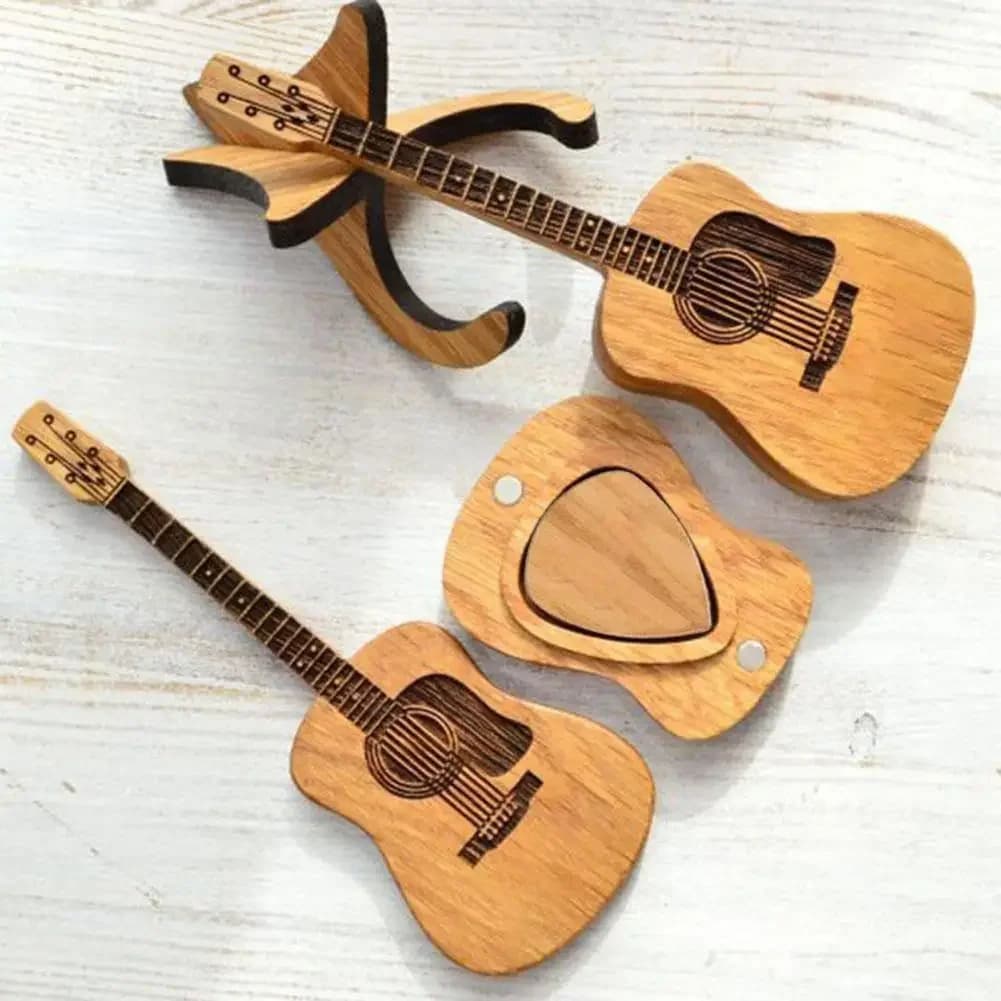 Scatola porta plettri per chitarra in legno con supporto, include 3 plettri per chitarra acustica, elettrica e basso