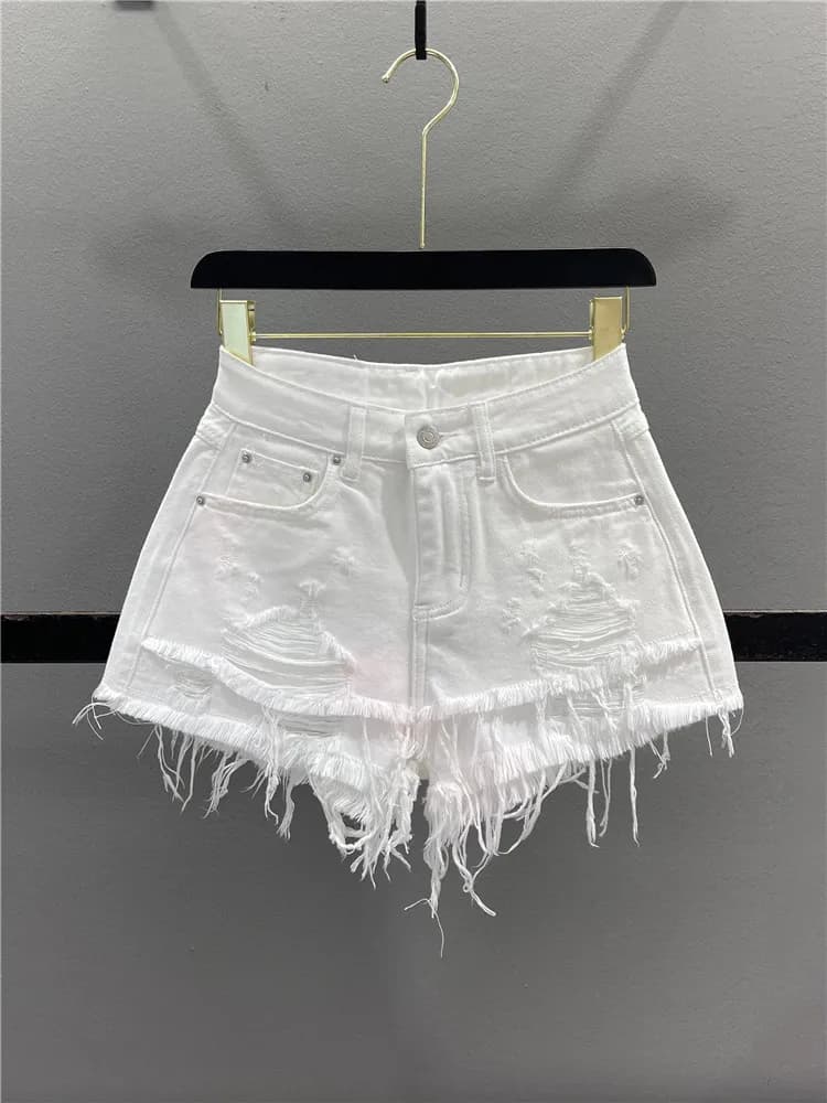 White Ripped Frayed Denim Shorts Women's Summer Design Sensation Slimming Hot Pants High Waist Wide Leg Casual Jeans Shorts