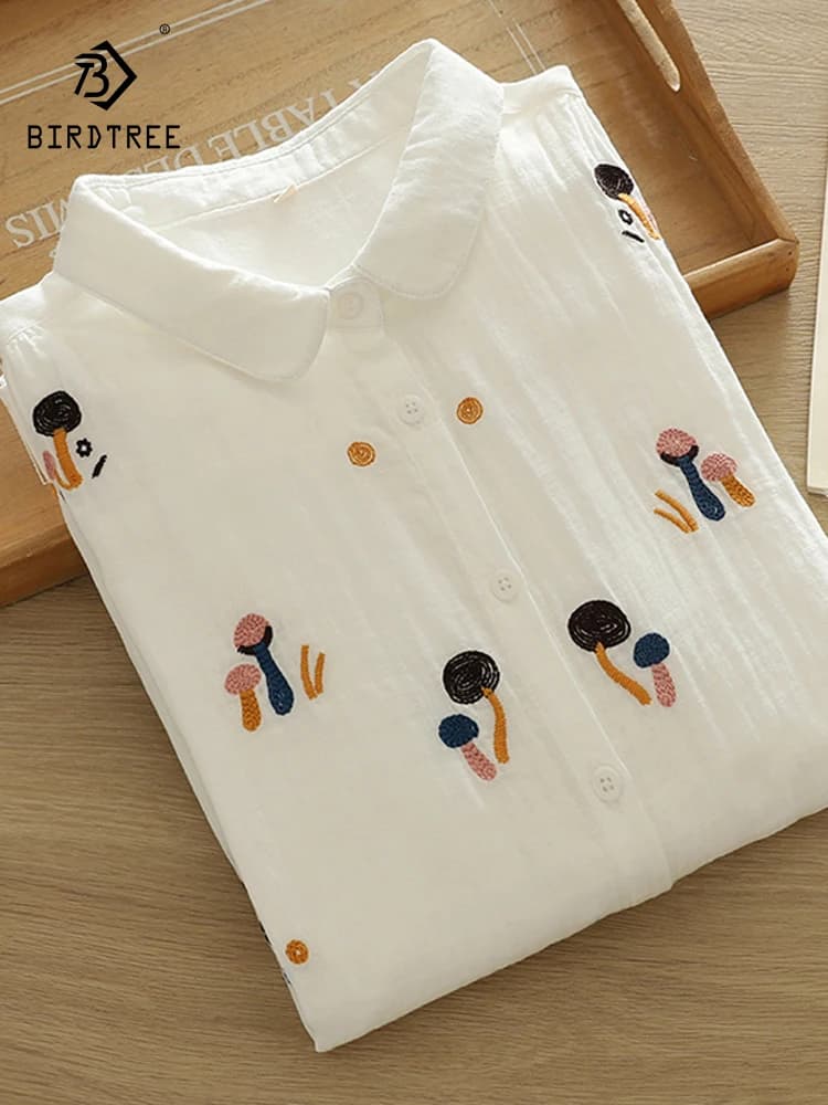Nuova Camicia da Donna Primavera 2026 in Cotone a Maniche Lunghe, con Ricamo a Fungo sul Colletto, Stile Mori Girl Preppy, Blusa Larga T62960CC