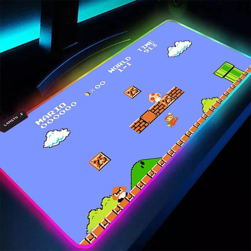 Tappetino Mouse LED in Gomma M-Mario 90x40cm, Decorazione per Gamer, Tappetino da Scrivania RGB XXL, Accessori Gaming, Tappetino Retroilluminato per Tastiera