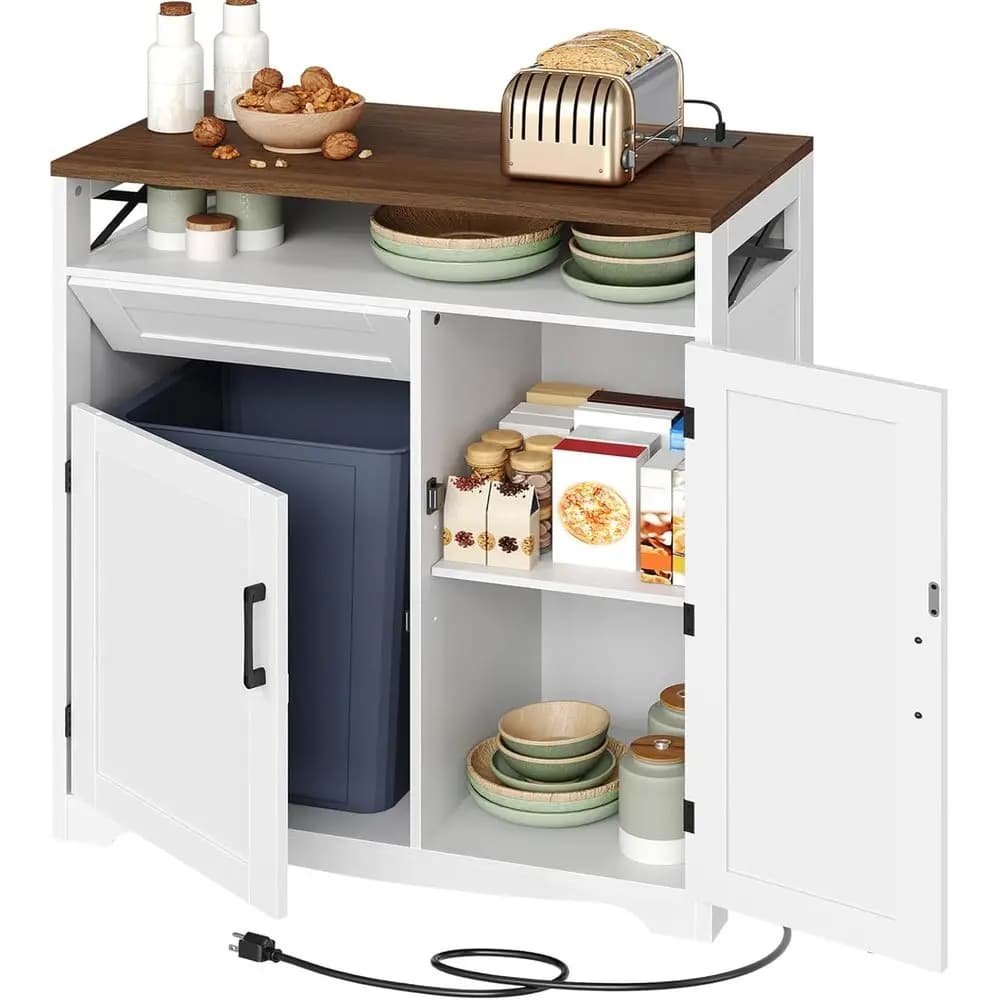 Mobiletto per Rifiuti con Presa di Corrente, Contenitore per Spazzatura da Cucina Nascosto da 10 Galloni con Ripiano Regolabile, Mobile in Legno per Riciclaggio