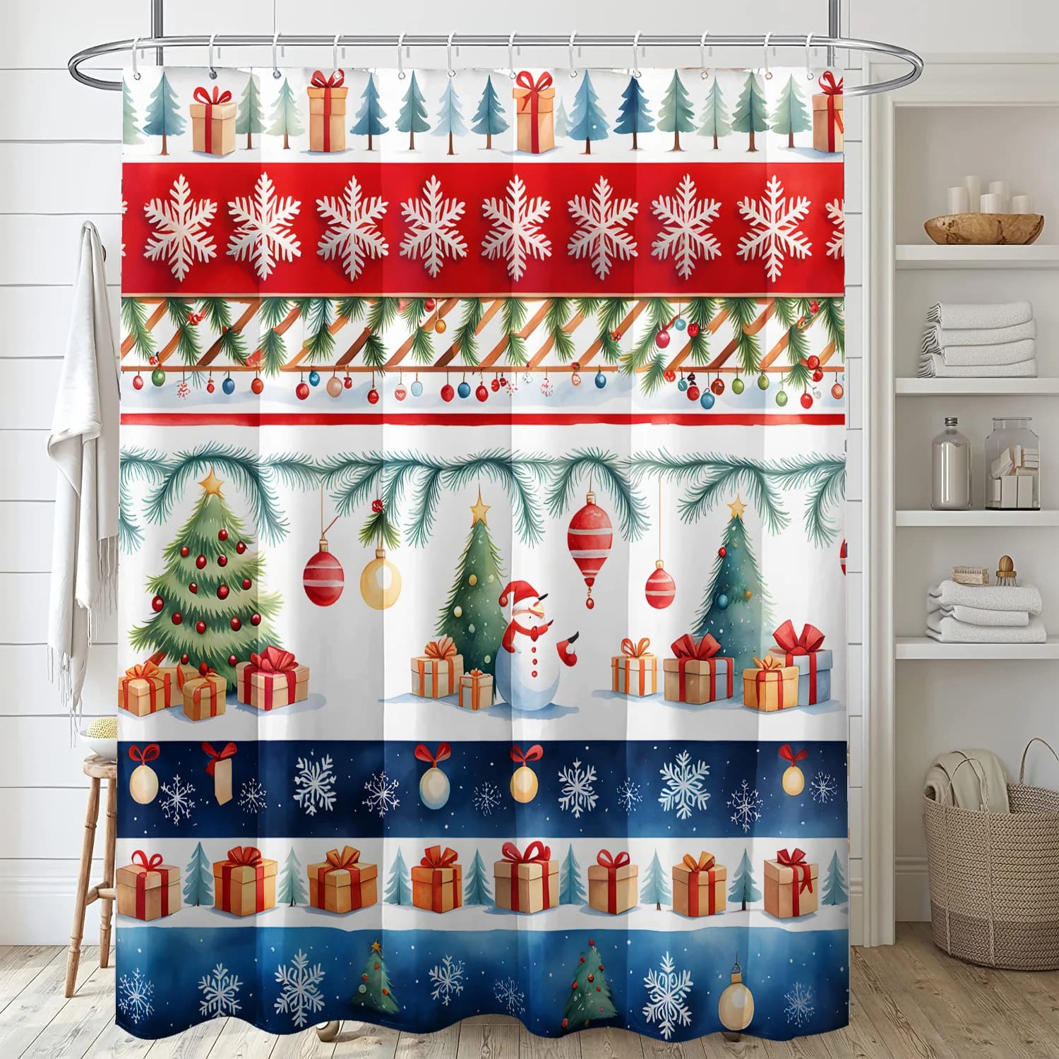 1 confezione regalo per albero di Natale rosso e verde con tenda da doccia con gancio in plastica con stampa fiocco di neve, divisorio per bagno natalizio da 71 pollici
