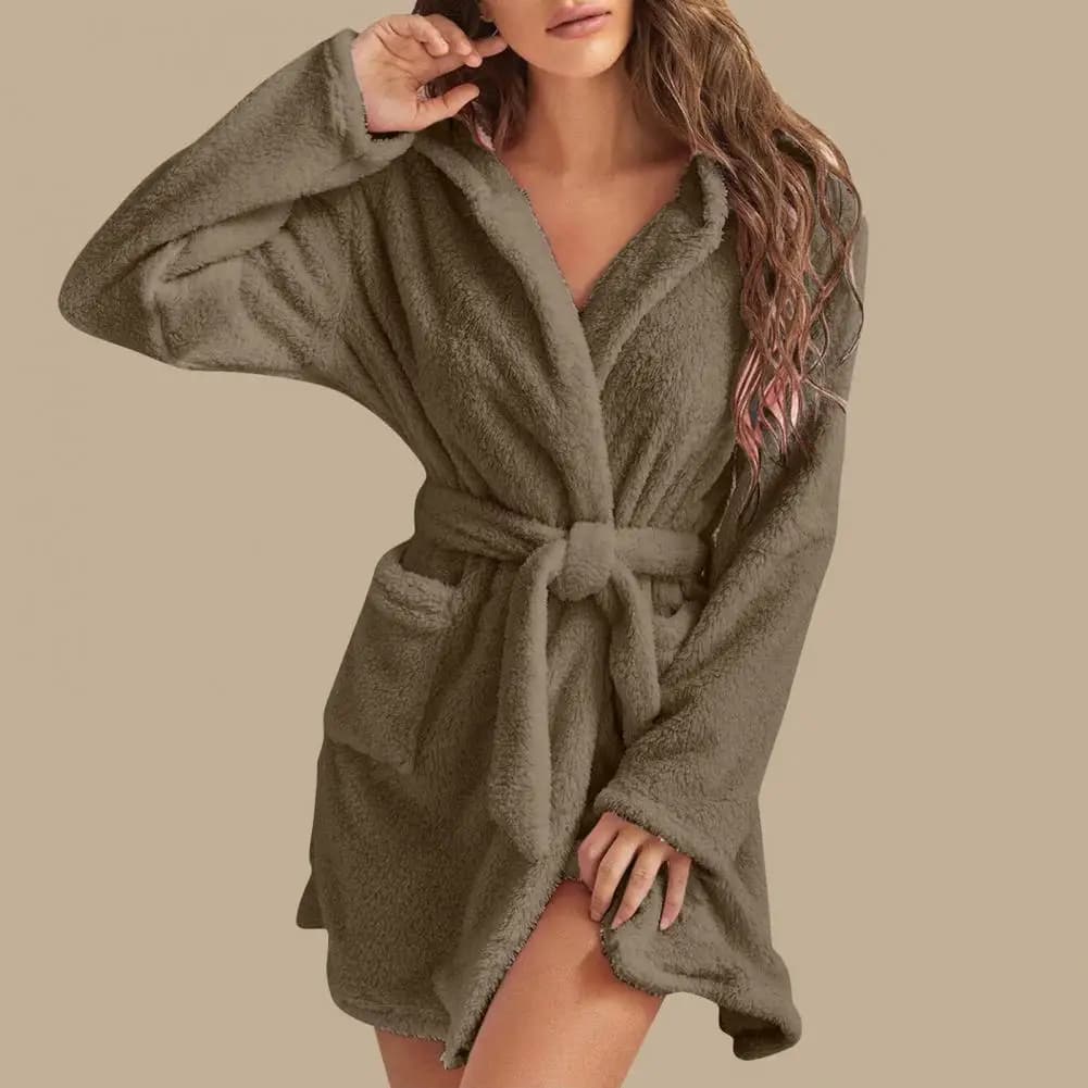Accappatoio da donna Pigiama invernale in peluche soffice da donna Abito sexy con cappuccio Abito in tinta unita Accappatoio caldo Abbigliamento per la casa femminile