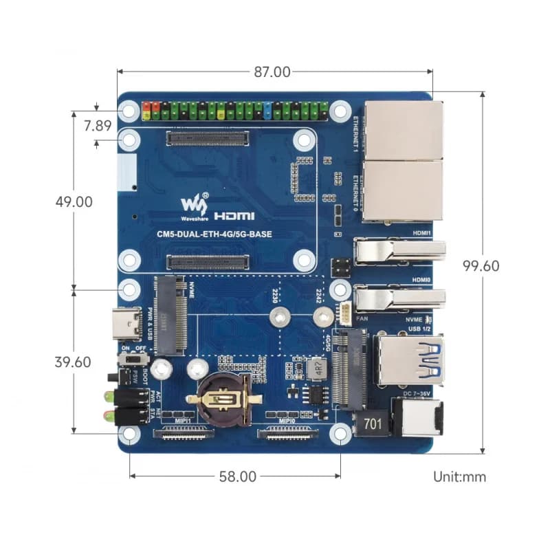 Scheda base Ethernet Waveshare SKU-33063 per Raspberry Pi CM5, supporta moduli 4G e 5G, uscite display 4K e doppio MIP