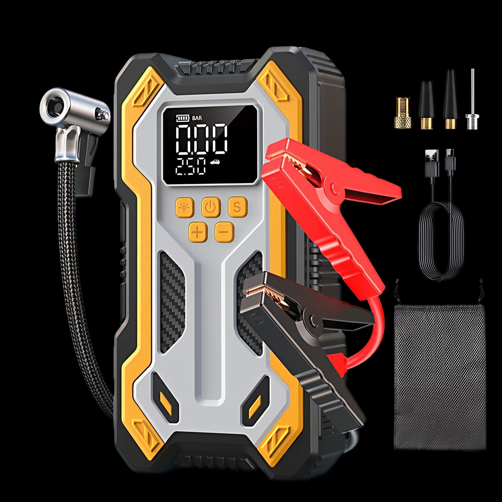 Avviatore di Emergenza con Compressore d'Aria 5000A, Booster Portatile per Batteria Auto (9.0 Benzina/6.5L Diesel) con Gonfiatore Pneumatici 160PSI a Spegnimento Automatico