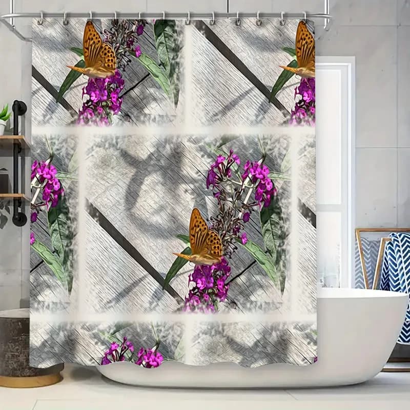 Tenda da doccia decorativa a farfalla con stampa floreale per l'arredamento del bagno, rivestimento per tappetino da bagno in tessuto impermeabile, dimensioni personalizzate disponibili