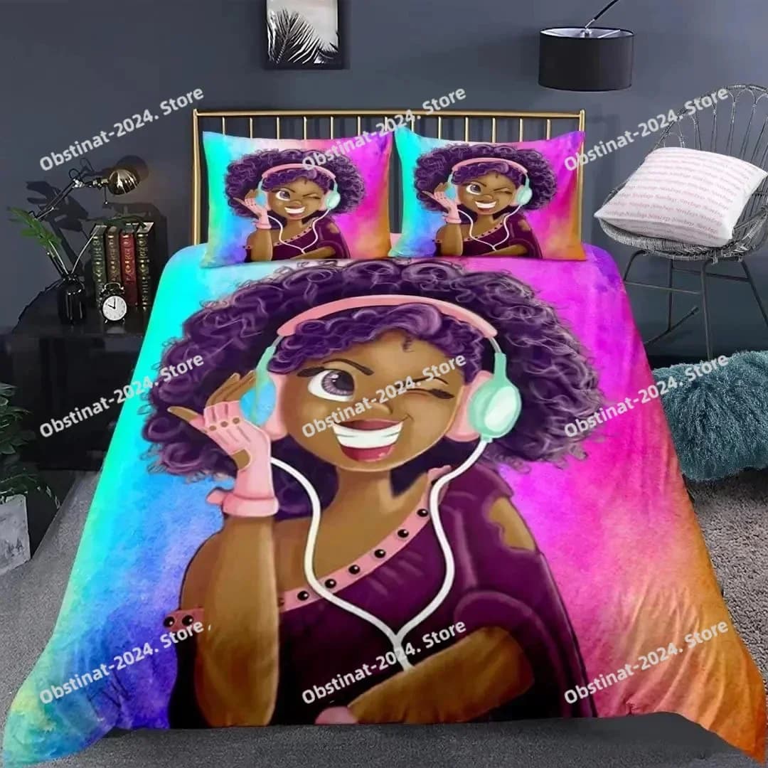American Black Girl Duvet Cover Set,Black Girl Magic Bedding Set Full Size,Cute Little Afro Black Princess Comforter Cover Sets