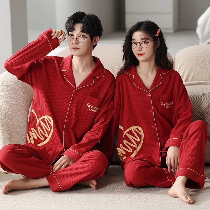 Matrimonio Colore Rosso Homewear per Coppie Primavera Cotone Donna e Uomo Abbinamenti da Notte di Grandi Dimensioni M-3XL Pigiama Mujer Capodanno Pjs