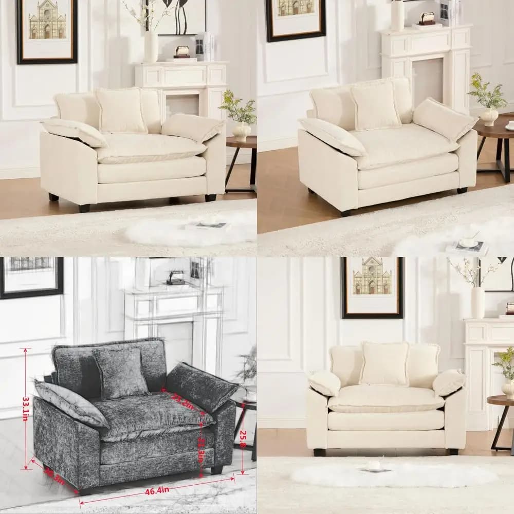 Poltrona Extra Large in Ciniglia con Cuscino Profondo 46,4 cm, Sedia Lounge per Soggiorno con Braccioli Imbottiti