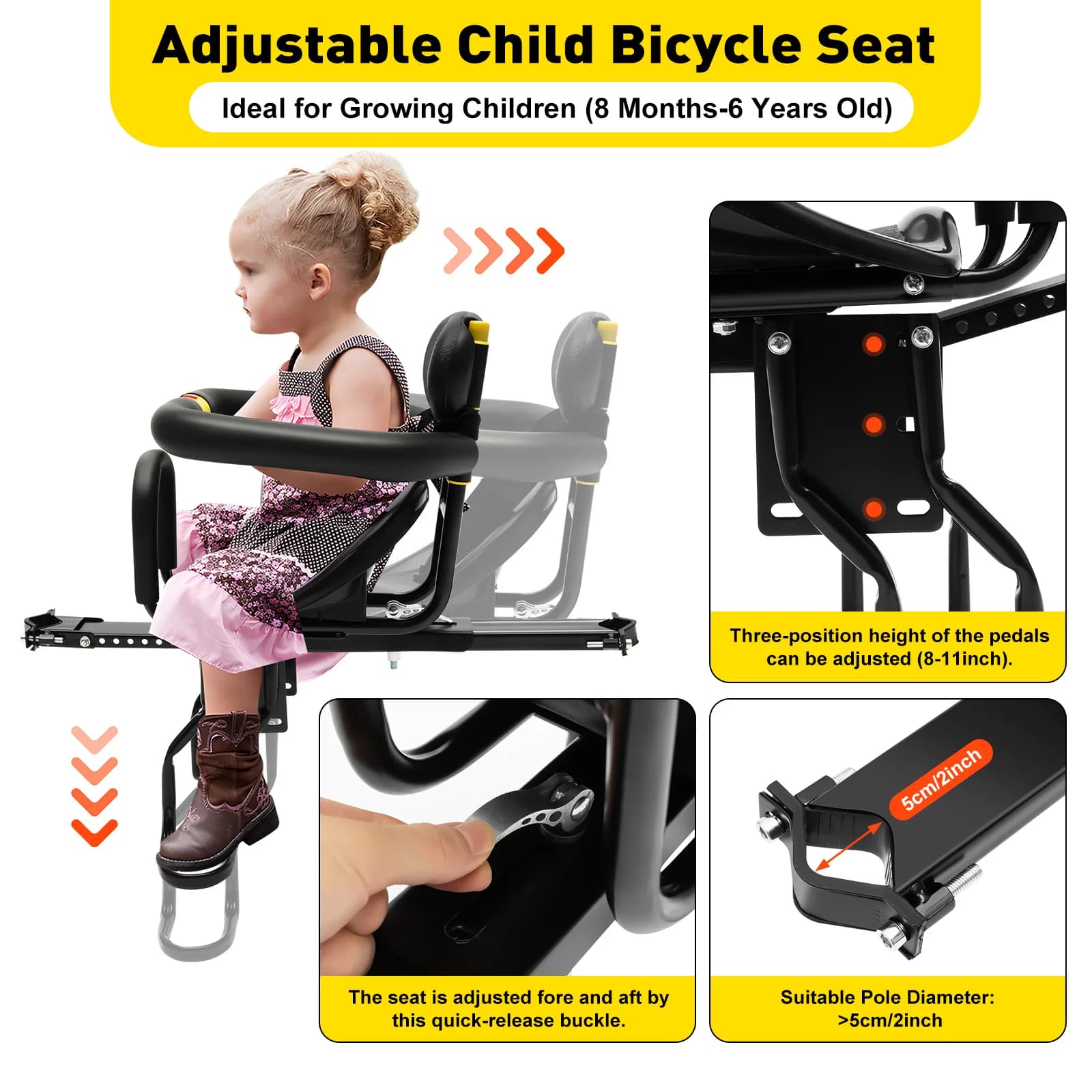 Seggiolino per bambini portatile per la sicurezza della bici per bambini Supporto anteriore per sedia da bicicletta per bambini