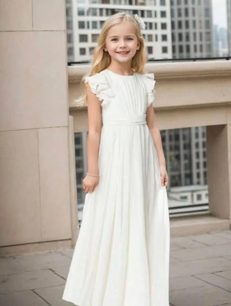 Princess Flower Girls Dresses O-Neck Ruffles Sleeves Zipper Back Summer Long Dress Empire Pleated Sashes Little Bridesmaid Dress